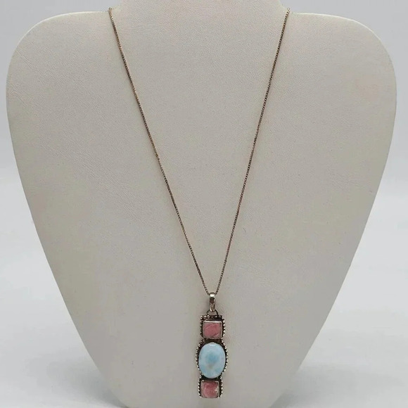 Sterling Silver Pendant Necklace With Blue Larimar Pink Rhodochrosite Stones - Picture 2 of 8